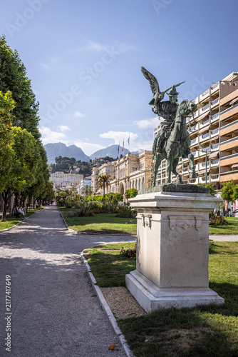 'La Chasse au berkout' statue in Jardins Biovès, Menton, Côte d'Azur, France