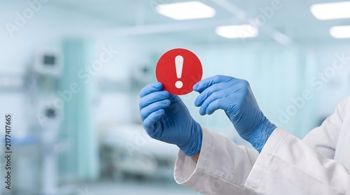 A medical professional in blue gloves holding a red exclamation sign in a hospital setting.