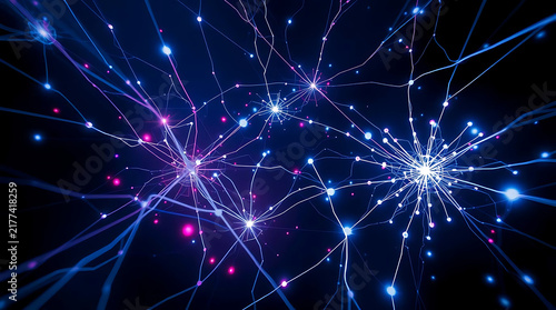 Abstract neural network connections glowing with blue and pink light on a dark background