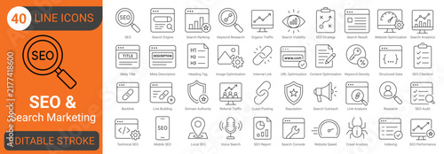 Canvastavla seo and search marketing line icon set with search engine, keyword research, ranking, organic traffic, backlinks, optimization, analytics and strategy