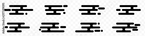Speed line icon vector set displays black dynamic motion horizontal lines with dots. Minimalist glitch transition effect elements are isolated on a transparent background for design projects.