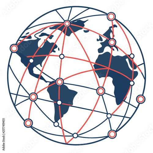 Global network connectivity concept with world map and connection lines data network red lines blue continents connectivity communication technology internet telecommunication business