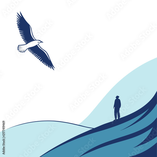 Foto Man standing on a hill looking up at a flying seagull in the sky with landscape