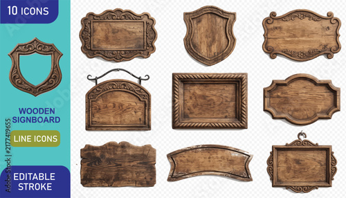 Rustic wooden signboards and decorative rectangular plaques with old wood grain textures.
