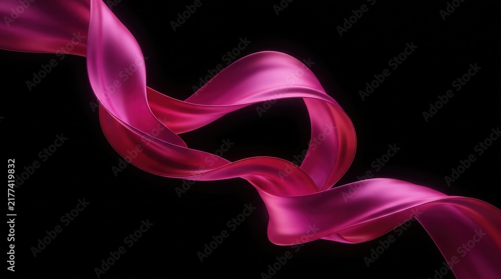 Obraz premium Flowing magenta silk ribbon wave isolated on a dark background with magenta fabr