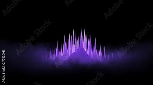 Abstract purple crystal mountain peak emerging from ethereal smoke during night fantasy concept