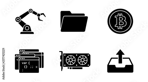 Set of six black technology and business icons including robotic arm, digital folder, cryptocurrency coin, coding windows, graphics card, and upload tray for web design and software interface on