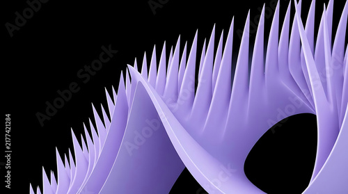 Abstract purple wave with sharp peaks against black background in studio lighting with copy space