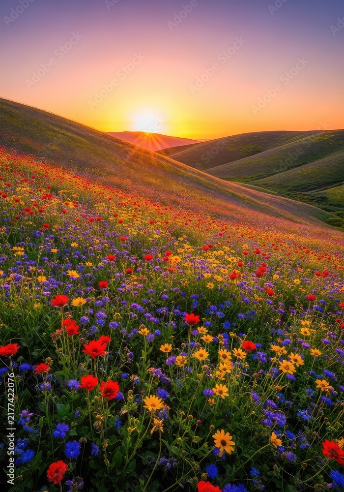 Obraz premium Vivid wildflowers blanket a lush rolling hillside during a golden sunset, creating a peaceful and colorful scene in the great outdoors, vivid, environment, sunlight