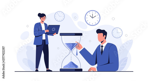 Business people managing time with hourglass and laptop, concept of deadlines, productivity and project management