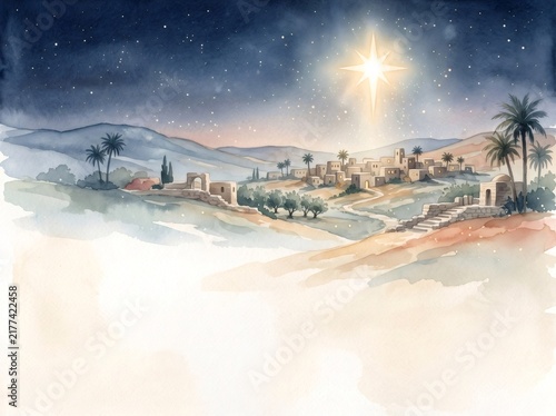 Bethlehem village watercolor painting with Christmas star shining