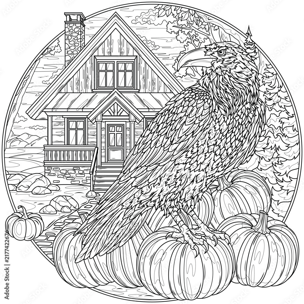 Obraz premium Raven near the house on the pumpkins.Coloring book antistress for children and adults.