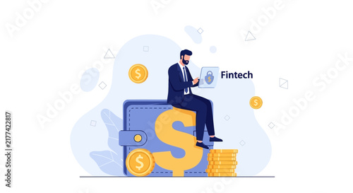 Businessman using laptop with Fintech, wallet, dollar sign, and coins representing financial technology and secure transactions