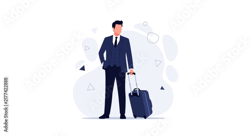 Businessman with Suitcase, Traveling for Business or Vacation, Minimalist Flat Design
