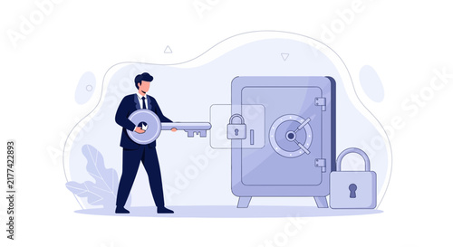 Businessman with Key Unlocking a Safe with Padlock Icons, Concept of Security and Access