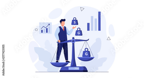 Businessperson balancing weights on scales, symbolizing financial growth and investment decisions. Flat design with charts and graphs.