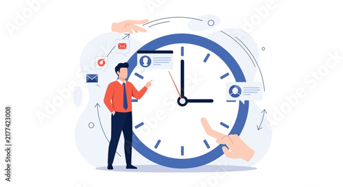 Businessperson managing time and tasks around a large clock, symbolizing efficiency and deadline management.