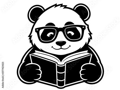 Cute cartoon panda wearing glasses reading an open book isolated on white background