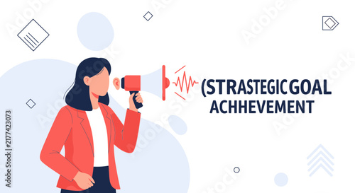 Businesswoman announcing strategic goals with megaphone, vector illustration for communication, achievement, and marketing concepts