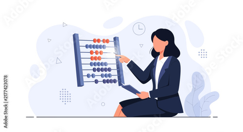 Businesswoman calculating with abacus, symbolizing accounting, finance, data analysis, and planning in a modern flat design.