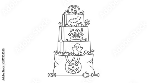Halloween Treat Tower: A whimsical tower of stacked bags overflowing with iconic Halloween treats and decorations, presented as a playful line-art illustration.