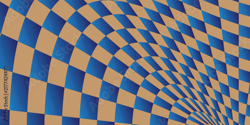 Blue and beige distorted checkerboard optical illusion background with curved perspective radial grid, modern 3D geometric wave vector backdrop.