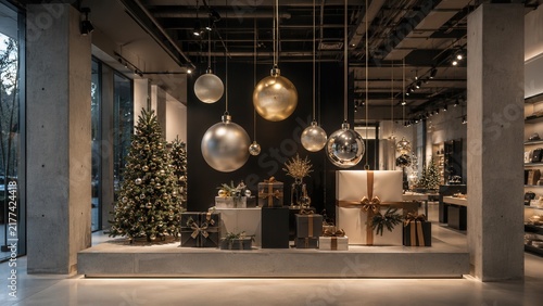 Luxury Christmas store display with festive tree hanging ornaments and elegant wrapped holiday gifts