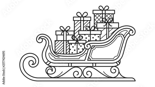 Christmas Sleigh Full of Gifts: A classic sleigh, intricately designed with decorative scrollwork, is filled to the brim with elegantly wrapped gift boxes, ready for holiday delivery.