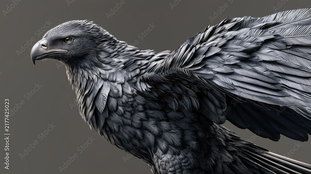 Obraz premium Majestic black raven with detailed feathers and outstretched wings against a dark background for wildlife branding, editorial advertising and commercial design.