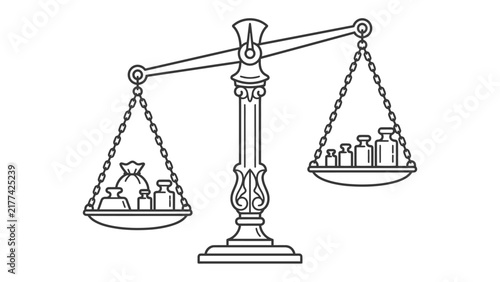 Weighing the Scales of Justice: An antique balance scale with weights in its pans symbolizes justice, fairness, and the concept of weighing options or evidence.
