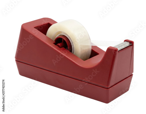 Red tape dispenser with clear adhesive tape roll on transparent background