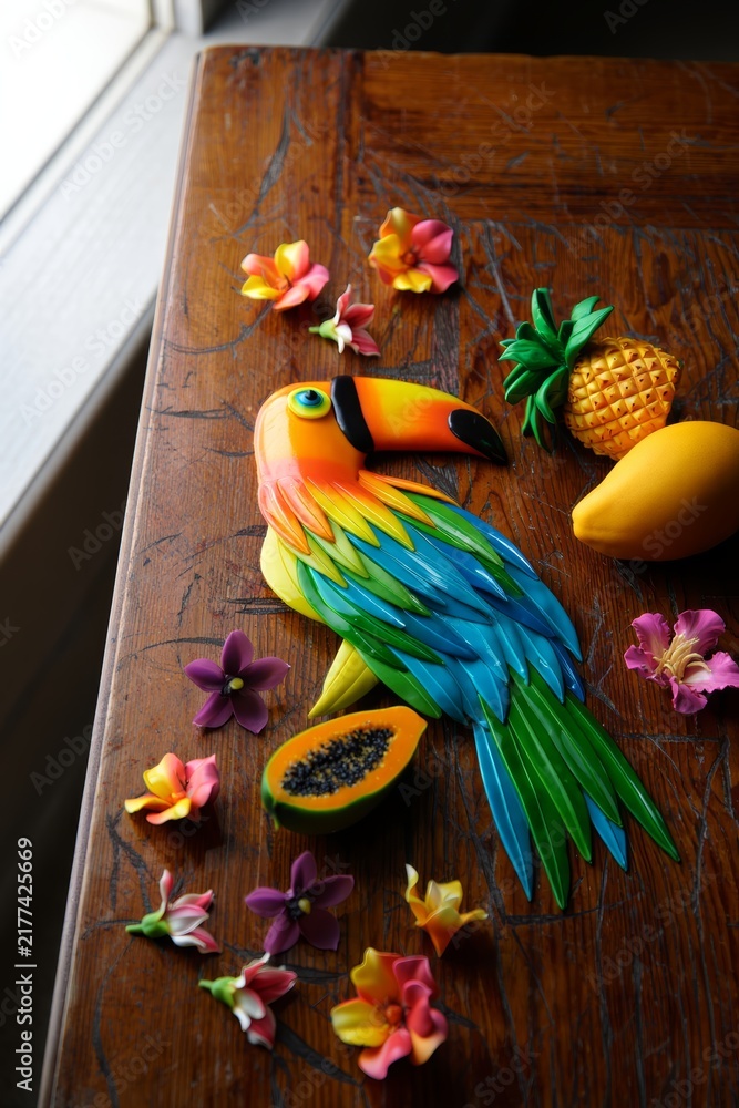 Fototapeta premium Colorful Toucan Sculpture Surrounded by Tropical Fruits and Flowers