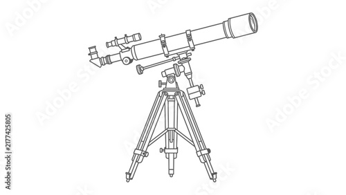 Telescope on Tripod: A detailed outline sketch of a powerful telescope mounted on a sturdy tripod, ready to explore the cosmos and unravel celestial mysteries.