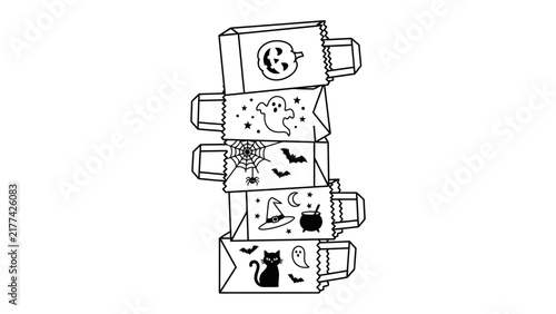 Halloween Gift Box Stack: A charming stack of four DIY Halloween gift boxes, each adorned with festive black and white illustrations of a jack-o'-lantern, ghost, spider web, witch's hat, cauldron.