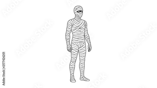 Mummy Illustration: A fully wrapped mummy stands eerily still, its bandages meticulously covering its form from head to toe. A stylized drawing capturing the essence of an ancient, preserved being.
