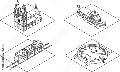 Zurich Switzerland tourism isometric outline icon set featuring Grossmunster church lake ferry boat city tram and swiss wrist watch