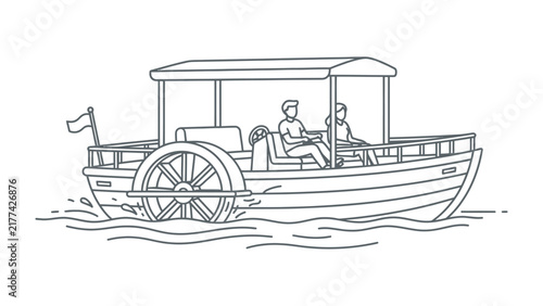Paddle Steamboat Journey: An illustration depicts a classic paddle steamboat sailing on water, with two people at the helm, conveying a sense of leisure and travel.