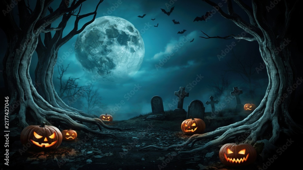 Obraz premium Spooky halloween night scene with glowing jackolanterns in a dark graveyard under a full moon