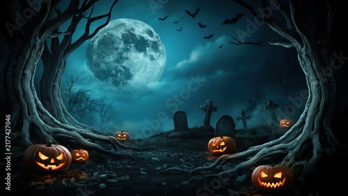 Spooky halloween night scene with glowing jackolanterns in a dark graveyard under a full moon
