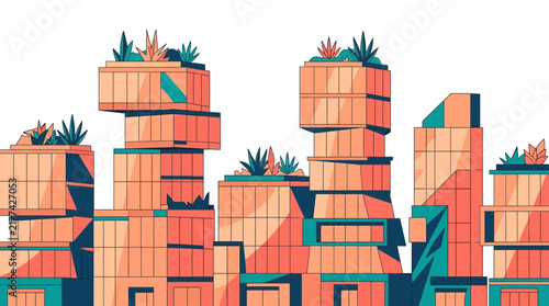 Flat Design Modern Cityscape Illustration with Rooftop Gardens and Sustainable Architecture