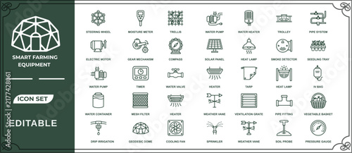 Smart farming equipment icons for modern agriculture include steering wheel, moisture meter, and trellis.