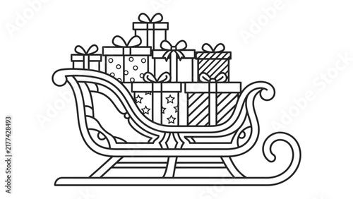 Christmas Sleigh Filled with Gifts: An outline drawing of a festive sleigh overflowing with beautifully wrapped presents, ready for holiday delivery.