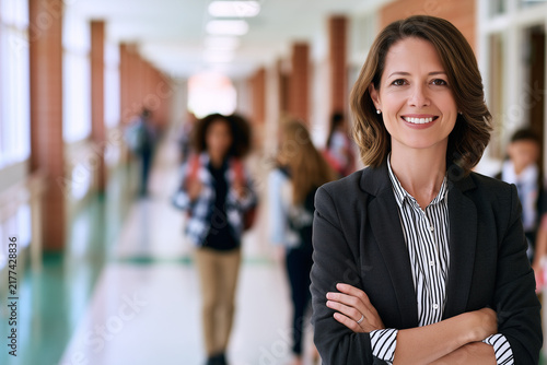Confident female school principal smiling in a modern school hallway with students in the background. Education, leadership, and a welcoming academic environment.