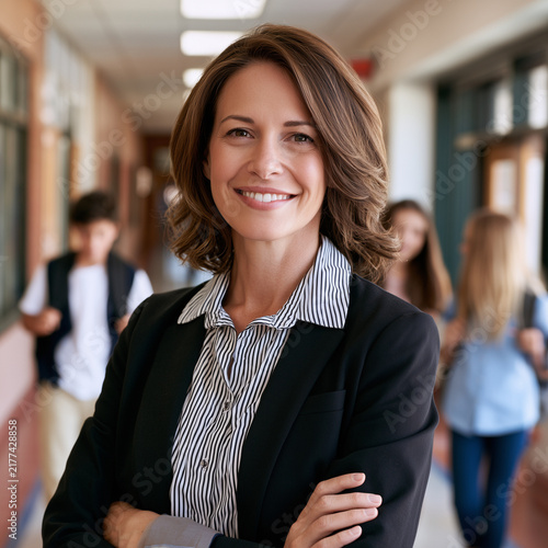 Confident female school principal smiling in a modern school hallway with students in the background. Education, leadership, and a welcoming academic environment.
