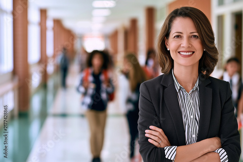Confident female school principal smiling in a modern school hallway with students in the background. Education, leadership, and a welcoming academic environment.