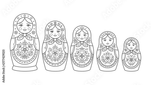 Bild auf Leinwand Matryoshka Dolls: A set of five traditional Russian nesting dolls, each intricately designed with floral patterns and charming faces, arranged in decreasing size