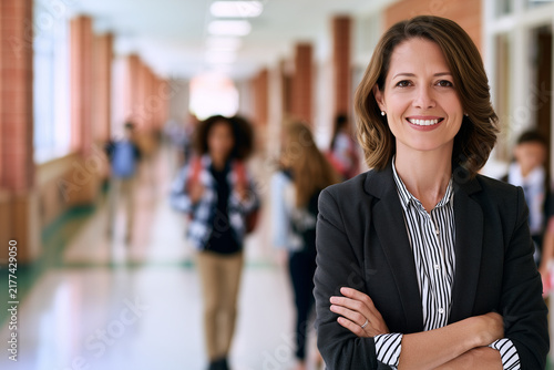 Confident female school principal smiling in a modern school hallway with students in the background. Education, leadership, and a welcoming academic environment.