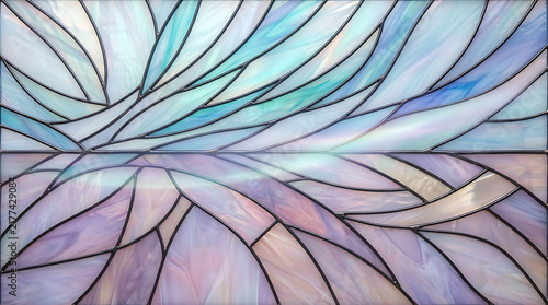 Abstract stained glass window with flowing blue and grey lines