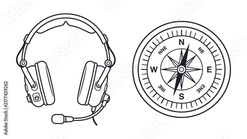 Headset and Compass Illustration: A simple black and white illustration featuring a pair of headphones with a microphone next to a classic compass, symbolizing communication and direction.