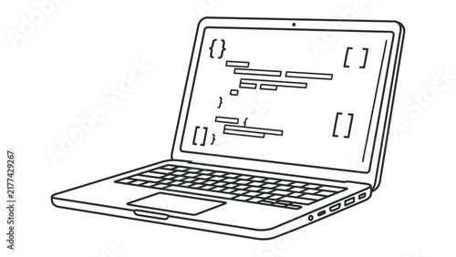 Laptop with Code Snippet: A simple line drawing of an open laptop displaying lines of code on its screen, symbolizing programming and digital creation.